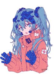 Rule 34 | 1girl, 3774., artist name, blue eyes, blue hair, bow, clothes writing, cropped torso, hair ornament, hatsune miku, highres, jacket, long hair, long sleeves, open mouth, orange jacket, power fist, simple background, solo, twintails, upper body, vocaloid, white background, zipper
