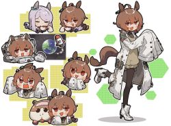 Rule 34 | 2girls, agnes tachyon (umamusume), ahoge, amonitto, anger vein, angry, animal ears, black legwear, blush, brown eyes, brown hair, chibi, closed eyes, commentary request, cup, drinking, earrings, earth (planet), hands up, highres, holding, holding cup, horse ears, horse girl, horse tail, jewelry, jitome, lab coat, looking at viewer, mejiro mcqueen (umamusume), multiple girls, multiple views, necktie, open mouth, planet, pui pui molcar, purple hair, rocket ship, short necktie, single earring, sleeves past fingers, sleeves past wrists, spacecraft, spacesuit, standing, standing on one leg, sweatdrop, sweater, tail, teacup, umamusume, waving, white footwear