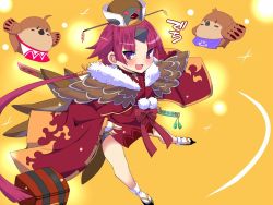 Rule 34 | 1girl, apron, bare legs, benienma (fate), bird, bird hat, bird tail, comic, commentary request, fate/grand order, fate (series), feather trim, geta, hand on own hip, hat, long sleeves, looking at viewer, onsen symbol, open mouth, ponytail, purple eyes, red hair, sako (bosscoffee), sheath, sheathed, short hair, smile, swallowing, sword, tabi, translation request, weapon, wide sleeves, wings, yellow background