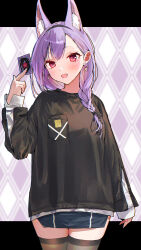 Rule 34 | 1girl, :d, animal ear fluff, animal ears, between fingers, black hairband, black shirt, black skirt, blush, braid, card, copyright request, earrings, fang, hair over shoulder, hairband, highres, holding, holding card, jewelry, long hair, long sleeves, looking at viewer, open mouth, purple hair, red eyes, shirt, single braid, skirt, sleeves past wrists, smile, solo, tomozero, virtual youtuber