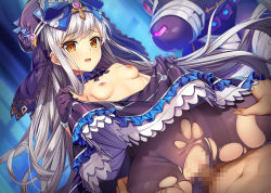 Rule 34 | 1boy, 1girl, blue bow, bow, breasts, censored, clothes lift, cowgirl position, floating hair, game cg, girl on top, gloves, hand on another&#039;s leg, hat, hat bow, hetero, kamihime project, layered skirt, lifting own clothes, long hair, mosaic censoring, nipples, official art, pantyhose, penis, pov, purple gloves, purple headwear, purple pantyhose, sex, silver hair, skirt, skirt lift, small breasts, straddling, topless, torn clothes, torn legwear, vaginal, very long hair, yellow eyes