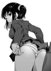 Rule 34 | 1girl, arched back, ass, blazer, greyscale, jacket, looking back, miniskirt, monochrome, mouth hold, original, panties, pleated skirt, side ponytail, sidelocks, simple background, skirt, solo, striped clothes, striped panties, teoshiguruma, thighs, underwear