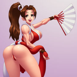 Rule 34 | 1girl, ass, bow, breasts, cleavage, collarbone, curvy, fatal fury, hair bow, hand fan, happy, hip focus, jiggeh, large breasts, legs, looking at viewer, open mouth, ponytail, shiranui mai, sideboob, simple background, smile, snk, solo, teeth, the king of fighters, tongue, uncensored, wide hips