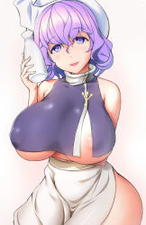 Rule 34 | 1girl, adapted costume, alcohol, apron, areola slip, bare arms, bare shoulders, blue eyes, blush, bottle, breast hold, breasts, covered erect nipples, cowboy shot, crop top, crop top overhang, curvy, hat, highres, huge breasts, letty whiterock, light purple hair, looking at viewer, mob cap, nyogorajima, purple eyes, purple hair, sake, sake bottle, sleeveless, smile, solo, tokkuri, touhou, underboob, waist apron