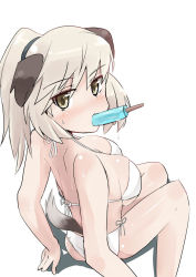 Rule 34 | 1girl, animal ears, bikini, blonde hair, blush, breasts, cleavage, dog ears, dog tail, food, food in mouth, high ponytail, laura nissinen, long hair, popsicle, side-tie bikini bottom, sitting, solo, strike witches, strike witches: aurora no majo, swimsuit, tail, toyohei, white bikini, world witches series, yellow eyes