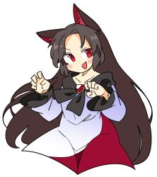 Rule 34 | 1girl, animal ears, blush, brown hair, dress, highres, imaizumi kagerou, ini (inunabe00), long hair, open mouth, red dress, red eyes, simple background, smile, solo, touhou, white background, white dress, wolf ears