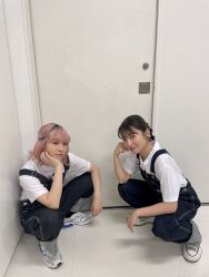 Rule 34 | 2girls, aida rikako, aqours, furihata ai, highres, looking at viewer, multiple girls, overalls, photo (medium), voice actor
