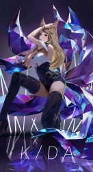 Rule 34 | 1girl, ahri (league of legends), arm up, black footwear, black leotard, blonde hair, boots, bracelet, breasts, brown eyes, ear piercing, facial mark, fox tail, high heel boots, high heels, highres, jewelry, k/da (league of legends), k/da ahri, large breasts, league of legends, leotard, long hair, looking at viewer, modare, multiple tails, nail polish, on one knee, parted lips, piercing, red nails, solo, tail, thigh boots, whisker markings