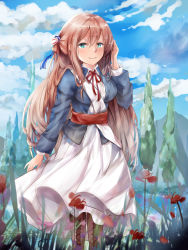 Rule 34 | 1girl, absurdres, arm up, bad id, bad pixiv id, blue eyes, blue jacket, blue sky, blush, boots, bow, breasts, brown footwear, brown hair, closed mouth, cloud, cloudy sky, collared dress, commentary, cross-laced footwear, day, dress, flower, girls&#039; frontline, hair between eyes, hair bow, highres, jacket, lace-up boots, long hair, long sleeves, looking at viewer, medium breasts, mutang, neck ribbon, outdoors, red flower, red ribbon, ribbon, sky, smile, solo, springfield (girls&#039; frontline), striped, striped bow, very long hair, white bow, white dress, wind