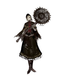 Rule 34 | 1girl, artist name, bloodborne, bonnet, capelet, circular saw, cloak, dress, flower, frilled dress, frills, full body, hat, highres, holding, holding weapon, long sleeves, looking at viewer, parted bangs, plain doll, red capelet, red dress, red lips, saw, short hair, simple background, solo, swept bangs, weapon, weapon request, white background, yourfreakyneighbourh
