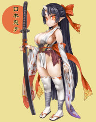 Rule 34 | 1girl, asanagi, bad id, bad pixiv id, black hair, bow, breasts, cleavage, detached sleeves, hair bow, highres, hinomoto oniko, horns, huge breasts, japanese clothes, katana, large breasts, long hair, no panties, oni, orange eyes, original, pointy ears, ponytail, sandals, sideboob, simple background, single horn, solo, standing, sword, thighhighs, torn clothes, very long hair, weapon, white thighhighs