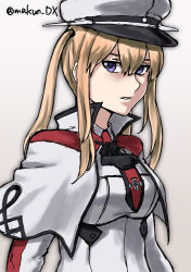 Rule 34 | 1girl, blonde hair, breasts, capelet, celtic knot, commentary request, cross, gradient background, graf zeppelin (kancolle), grey eyes, hair between eyes, hat, iron cross, kantai collection, large breasts, long hair, looking at viewer, maakun (makun dx), military, military uniform, one-hour drawing challenge, peaked cap, sidelocks, solo, twintails, twitter username, uniform, white background