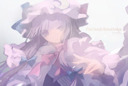 Rule 34 | 1girl, bow, capelet, character name, cinkai, crescent, dated, gradient background, hair bow, hair ornament, hat, hat bow, long hair, long sleeves, looking at viewer, mob cap, patchouli knowledge, purple eyes, purple hair, smile, solo, striped, touhou, vest, wide sleeves
