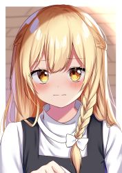 Rule 34 | 1girl, absurdres, bad id, bad pixiv id, blonde hair, bow, braid, closed mouth, commentary request, hair between eyes, hair bow, highres, kirisame marisa, long hair, looking at viewer, no headwear, shinonome asu, single braid, solo, touhou, upper body, white bow, yellow eyes