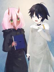 Rule 34 | 10s, 1boy, 1girl, absurdres, aged down, black cloak, black hair, book, candy, cloak, closed eyes, coat, colored sclera, colored skin, commentary, couple, darling in the franxx, eyes visible through hair, food, fringe trim, fur coat, fur trim, green eyes, grey coat, highres, hiro (darling in the franxx), holding, holding book, holding candy, holding food, holding hands, hood, hooded cloak, horns, long hair, long sleeves, looking at another, mamama020302, oni horns, parka, pink hair, red horns, red pupils, red sclera, red skin, short hair, sleeves past wrists, winter clothes, winter coat, zero two (darling in the franxx)