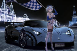 Rule 34 | 1girl, absurdres, azur lane, backless leotard, blue footwear, blue hair, blue hat, breasts, car, chapayev (azur lane), cleavage, elbow gloves, flag, gloves, hat, high heels, highres, kcar66t, large breasts, leotard, light blue hair, looking at viewer, marussia, marussia b3, mole, mole on breast, motor vehicle, navel, night, parted lips, purple eyes, race queen, short hair, sideboob, solo, standing, thighhighs, thighs, vehicle focus, white thighhighs