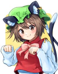 Rule 34 | 1girl, animal ear piercing, animal ears, bow, bowtie, brown eyes, brown hair, cat ears, cat tail, chen, closed mouth, commentary request, double-parted bangs, earrings, fang, fang out, hair between eyes, hands up, highres, jewelry, long sleeves, looking at viewer, multiple tails, nekomata, orange bow, orange bowtie, paw pose, puffy long sleeves, puffy sleeves, red vest, saitou shin, short hair, simple background, single earring, smile, solo, tail, touhou, two tails, upper body, vest, white background, yellow background