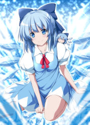 Rule 34 | 2girls, blue eyes, blue hair, blush, bow, chibi, cirno, dual persona, hair bow, highres, ice, ice wings, looking at viewer, multiple girls, nori tamago, puffy short sleeves, puffy sleeves, red ribbon, ribbon, short hair, short sleeves, smile, touhou, wings
