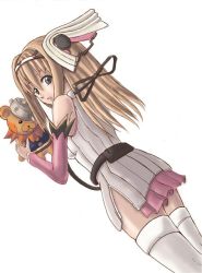 Rule 34 | 00s, 1girl, ar tonelico, ar tonelico i, aurica nestmile, bare shoulders, belt, black eyes, brown hair, detached sleeves, don leon, gust, hair ornament, hair ribbon, hairband, looking back, ribbon, skirt, stuffed animal, stuffed toy, teddy bear, thighhighs, yappy