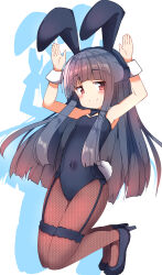 Rule 34 | 1girl, absurdres, animal ears, armpits, arms up, bare shoulders, black bow, black footwear, black hairband, black leotard, blush, bow, braid, brown pantyhose, closed mouth, colored shadow, commentary request, covered navel, drop shadow, fake animal ears, fishnet pantyhose, fishnets, hairband, high heels, highres, idolmaster, idolmaster cinderella girls, idolmaster cinderella girls starlight stage, leotard, looking at viewer, pantyhose, playboy bunny, rabbit ears, rabbit tail, red eyes, sajo yukimi, shadow, shoes, simple background, smile, solo, strapless, strapless leotard, tail, umberblack, white background, wrist cuffs