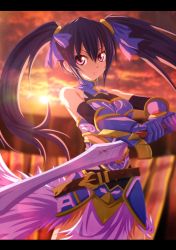Rule 34 | 10s, 1girl, armor, bare shoulders, belt, black hair, derivative work, gloves, highres, neptune (series), noire (neptunia), planeptune, red eyes, solo, sunset, sword, twintails, weapon