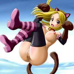 Rule 34 | animal ears, anus, bell, blonde hair, blush, breasts, cat ears, cat tail, censored, fairy tail, large breasts, long hair, lucy heartfilia, nipples, onoe, open mouth, pussy, smile, solo, tail, thighhighs, yellow eyes