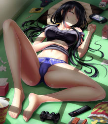 Rule 34 | 10s, 1girl, bare legs, barefoot, bendy straw, black hair, black shirt, blue panties, bow, bow panties, breasts, cameltoe, chips (food), closed eyes, clothing aside, controller, cookie, covered erect nipples, crotch seam, date a live, drinking straw, dualshock, facing away, feet, food, full body, game console, game controller, gamepad, hand on own stomach, handheld game console, highres, indoors, knee up, large breasts, long hair, low twintails, lying, messy room, milk carton, navel, nissin cup noodle, no pants, on back, on floor, panties, panties aside, pillow, playstation controller, playstation portable, playstation vita, pocky, popsicle stick, potato chips, purple panties, remote control, shirt, sleeping, snack, soles, solo, spread legs, strap slip, tank top, taut clothes, tissue, tissue box, toes, tokisaki kurumi, tsubasaki, twintails, underwear, used tissue, very long hair, window shadow