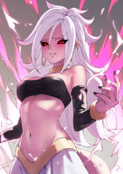 Rule 34 | 1girl, absurdres, android 21, aura, black sclera, breasts, colored sclera, colored skin, detached sleeves, dragon ball, dragon ball fighterz, earrings, grin, highres, hoop earrings, jewelry, majin android 21, mao san, navel, pink skin, red eyes, smile, solo, tail, white hair
