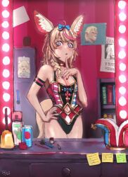Rule 34 | 1girl, animal ears, armband, bare shoulders, black leotard, blonde hair, blue bow, blush, bow, braid, breasts, can, cleavage, clothing cutout, cowboy shot, drink can, fingernails, fox ears, fox tail, hair bow, hair over shoulder, hand on own hip, hat, highres, hololive, jester cap, leotard, looking at viewer, luqosan, medium breasts, mirror, momosuzu nene, multicolored hair, nail polish, navel, navel cutout, omaru polka, omaru polka (1st costume), parted lips, pink nails, poster (object), purple eyes, soda can, solo, star-shaped pupils, star (symbol), sticky note, streaked hair, symbol-shaped pupils, tail, unworn hat, unworn headwear, virtual youtuber