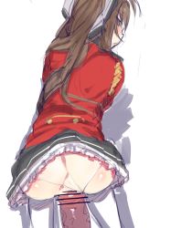 Rule 34 | 10s, 1boy, 1girl, all fours, amagi brilliant park, ass, bar censor, blush, brown eyes, brown hair, censored, clothed sex, clothes lift, clothing aside, doggystyle, from behind, hetero, large penis, long hair, looking at viewer, looking back, panties, panties aside, partial penetration, penis, ponytail, pov, profile, pussy, rama (amaru), sento isuzu, sex, sex from behind, simple background, sketch, skirt, skirt lift, solo focus, thighhighs, underwear, vaginal, veins, veiny penis, white background, white panties, white thighhighs
