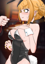 Rule 34 | 1girl, 1other, absurdres, animal ears, bare shoulders, black collar, black leotard, blonde hair, blunt bangs, blush, boku no hero academia, breasts, collar, commentary request, double bun, fake animal ears, hair bun, highres, leash, leash pull, leotard, nail polish, nanomitw (jackson2444), open mouth, playboy bunny, rabbit ears, rabbit tail, solo focus, sweat, tail, toga himiko, white nails, yellow eyes, yellow nails