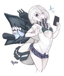 Rule 34 | &gt;:p, 10s, 1girl, :p, abyssal ship, alternate costume, blue eyes, blue skirt, blush, breasts, cellphone, colored skin, fig sign, goekawa, holding, holding phone, kantai collection, looking at viewer, medium breasts, o-ring, o-ring top, one eye closed, open clothes, open shirt, phone, plaid, plaid skirt, pleated skirt, purple eyes, re-class battleship, saliva, scarf, school uniform, shirt, short hair, simple background, skirt, small breasts, smartphone, smile, solo, tail, tongue, tongue out, twitter username, unbuttoned, unbuttoned shirt, v-shaped eyebrows, white background, white hair, white skin
