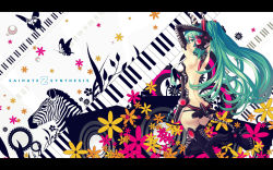 Rule 34 | 1girl, animal ears, animal print, aqua eyes, aqua hair, arms up, ass, back, bad id, bad pixiv id, bare back, boots, bug, butterfly, elbow gloves, flower, gloves, hatsune miku, high heels, highres, insect, letterboxed, long hair, looking back, necktie, ochakai shin&#039;ya, piano keys, saihate (vocaloid), shoes, solo, speaker, tail, thigh boots, thighhighs, very long hair, vocaloid, wallpaper, zebra, zebra print