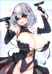 Rule 34 | 1girl, :o, breasts, cleavage, cowboy shot, cross-laced clothes, fang, grey hair, groin, hair ornament, head-mounted display, highres, holding, huge breasts, looking at viewer, navel, one eye covered, open mouth, original, pink eyes, short hair, simple background, skin fang, solo, standing, sweatdrop, tousen, twitter username, virtual youtuber, white background