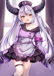 Rule 34 | 1girl, :d, apron, black choker, black skirt, blush, braid, choker, collarbone, demon girl, demon horns, dress, fangs, frilled apron, frilled skirt, frills, grey hair, hat, heart, heart choker, highres, hololive, horns, la+ darknesss, long hair, long sleeves, looking at viewer, multicolored hair, nurse cap, open mouth, purple dress, purple hair, sidelocks, single bare shoulder, skirt, sleeves past fingers, sleeves past wrists, smile, solo, standing, streaked hair, striped horns, teeth, thigh strap, thighs, upper teeth only, very long hair, virtual youtuber, white apron, yellow eyes, yuano