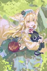 Rule 34 | 1girl, animal ears, arknights, bag, black cat, blonde hair, blue hairband, blue skirt, brown bag, cardigan, cat, commentary, fox ears, fox girl, frilled hairband, frills, hair ornament, hair scrunchie, hairband, handbag, heixiu, highres, holding, long hair, long sleeves, luo xiaohei, multicolored hair, neck ribbon, official alternate costume, on head, open cardigan, open clothes, open mouth, outdoors, puffy long sleeves, puffy sleeves, qiuchi, red ribbon, ribbon, scrunchie, shirt, shoulder bag, skirt, stitches, suzuran (arknights), suzuran (spring praise) (arknights), luo xiaohei zhanji, two-tone hair, white hair, white shirt, yellow cardigan, yellow eyes