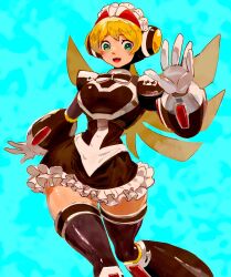 Rule 34 | 1girl, black dress, blonde hair, blue background, blue eyes, blush, breasts, cairngorm999, cinnamon (mega man), cowboy shot, dress, highres, large breasts, long hair, maid, mega man (series), mega man x: command mission, mega man x (series), simple background, solo