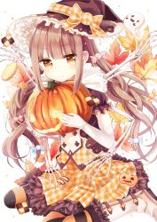 Rule 34 | 1girl, autumn leaves, blunt bangs, bone, boots, boyano, brown eyes, brown hair, candy, carrying, checkerboard cookie, cookie, dress, elbow gloves, food, frilled dress, frills, gloves, halloween, hat, jack-o&#039;-lantern, long hair, looking at viewer, original, pantyhose, pumpkin, sitting, skeletal arm, smile, solo, striped clothes, striped legwear, striped pantyhose, witch hat