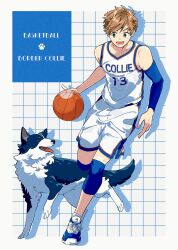 Rule 34 | 1boy, animal, ankle socks, ball, basketball (object), basketball jersey, basketball sleeve, blue eyes, blue footwear, border collie, brown hair, dog, drop shadow, english text, highres, holding, holding ball, jersey, keishin, knee pads, male focus, open mouth, original, short hair, shorts, simple background, smile, socks, solo, sportswear, toned, toned male, white shorts