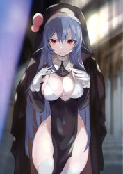 Rule 34 | 1girl, absurdres, alternate costume, blue hair, blurry, blurry background, bra, bra pull, breasts, cleavage, closed mouth, clothes pull, covered navel, cowboy shot, food, fruit, glaring, gloves, groin, highres, hinanawi tenshi, large breasts, long hair, looking at viewer, no panties, nun, peach, pelvic curtain, pulled by self, red eyes, solo, standing, tetsurou (fe+), thighhighs, touhou, underwear, white bra, white gloves, white thighhighs, wide hips