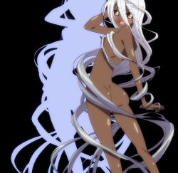 Rule 34 | 10s, 1girl, ass, back, dark skin, dark-skinned female, doppel (monster musume), female focus, highres, long hair, monster girl, monster musume no iru nichijou, simple background, smile, solo, standing, stitched, third-party edit, white hair