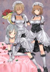 Rule 34 | 3girls, alternate costume, aohashi ame, arm behind back, arm garter, arm support, black choker, black dress, black footwear, blush, bouquet, brave witches, breasts, bridal garter, brown eyes, brown hair, choker, cleavage, closed mouth, commentary request, dress, edytha rossmann, elbow gloves, enmaided, flower, frilled choker, frilled legwear, frills, gloves, green eyes, gundula rall, half-closed eye, hat, head tilt, holding, holding bouquet, kneeling, leaf, leaning to the side, light frown, loafers, looking at another, looking at viewer, maid, medium breasts, medium dress, mob cap, multiple girls, on bed, one eye closed, petals, rose, shoes, short hair, short sleeves, smile, socks, standing, waltrud krupinski, white headwear, white legwear, world witches series