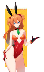 Rule 34 | 1girl, absurdres, adapted costume, alternate costume, animal ears, armpits, arms up, blue eyes, blush, breasts, brown hair, cleavage, covered navel, cowboy shot, curvy, detached collar, fake animal ears, gloves, green necktie, hair between eyes, highleg, highleg leotard, highres, leotard, long hair, looking at viewer, medium breasts, necktie, neon genesis evangelion, parted lips, playboy bunny, plugsuit, rabbit ears, red gloves, shiny skin, simple background, solo, souryuu asuka langley, straight hair, thighs, tofuubear, twintails, white background, wide hips