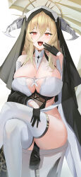 Rule 34 | 1girl, absurdres, azur lane, bare shoulders, between breasts, black gloves, blonde hair, blush, breasts, collarbone, crossed legs, gloves, habit, hair between eyes, highres, horns, huge breasts, implacable (azur lane), laughing, long hair, looking at viewer, nun, ojou-sama pose, open mouth, pelvic curtain, red eyes, revealing clothes, sitting, solo, thighhighs, thighs, veil, white thighhighs, wynnblue