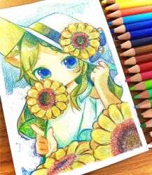 Rule 34 | 1girl, animal ear fluff, animal ears, art tools in frame, blue eyes, blue ribbon, blue sky, border, cat ears, clothing cutout, colored pencil (medium), commentary request, dress, flower, green hair, hair flower, hair ornament, hand on headwear, hands up, hat, hat flower, hat ribbon, highres, holding, holding flower, index finger raised, long hair, looking at viewer, no mouth, no nose, original, outdoors, photo (medium), piyoko9494, ribbon, shoulder cutout, sky, solo, summer, sun hat, sunflower, traditional media, upper body, white border, white dress, white hat, yellow flower