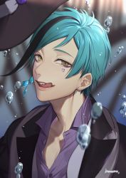 Rule 34 | collared shirt, earrings, floyd leech, green hair, highres, inanome, jacket, jewelry, looking at viewer, male focus, multicolored hair, sharp teeth, shirt, single earring, smile, solo, streaked hair, teeth, tongue, tongue out, twisted wonderland, upper body, white shirt, yellow eyes