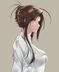 Rule 34 | 1girl, ascot, braid, breasts, brown hair, closed mouth, eyes visible through hair, french braid, from side, girls&#039; frontline, green eyes, hair between eyes, hair ornament, lee-enfield (girls&#039; frontline), long hair, long sleeves, looking at viewer, profile, shirt, sidelocks, simple background, solo, tamatabe, white shirt