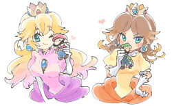 Rule 34 | 2girls, blonde hair, blush, breasts, brooch, brown hair, character doll, closed mouth, covering own mouth, cropped torso, crown, doll, dot nose, dress, earrings, elbow gloves, eyelashes, flower earrings, gloves, green eyes, hand on own hip, hand up, heart, highres, holding, holding doll, jewelry, long hair, looking at viewer, luigi, mario, mario (series), medium breasts, medium hair, multiple girls, nintendo, one eye closed, orange dress, pink dress, princess, princess daisy, princess peach, puffy short sleeves, puffy sleeves, short sleeves, simple background, smile, super mario bros. 1, super mario land, thick eyebrows, ukata, upper body, v-shaped eyebrows, white background, white gloves, yellow dress