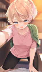 Rule 34 | 1girl, 1other, black pants, blonde hair, blue eyes, blurry, blurry background, blush, collarbone, commentary request, girl on top, highres, indoors, komone ushio, looking down, open mouth, original, outstretched arm, pants, pink shirt, ponytail, shirt, short sleeves