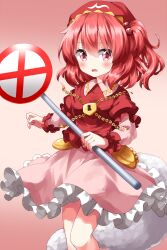 Rule 34 | 1girl, blush, commentary request, frilled skirt, frills, gradient background, hair bobbles, hair ornament, highres, holding, kawashiro mitori, keyhole, looking at viewer, medium hair, one side up, open mouth, pink skirt, red eyes, red hair, red headwear, red shirt, road sign, ruu (tksymkw), shirt, short sleeves, sign, skirt, solo, touhou, wrist cuffs